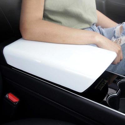 White Armrest Box Protective Plate Cover installed with woman leaning on it